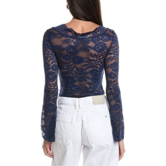 Femme Society Elegant Blue Lace Long Sleeve Top - Picture 2 of 13